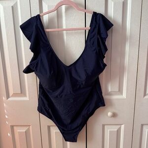 Navy Blue Ruffled One-Piece Swimsuit Chic soul plus size